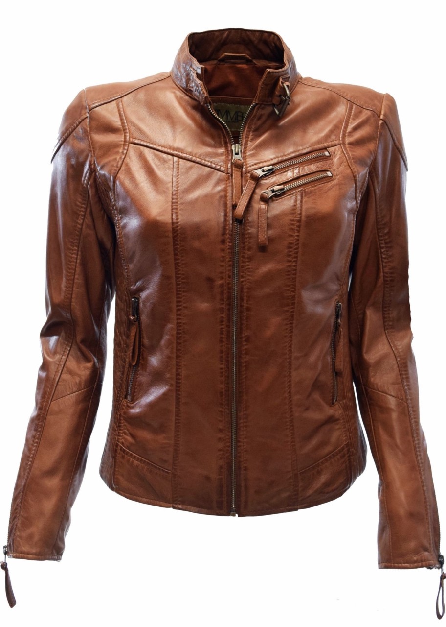 Damen Lederjacke Rina Gesteppt Washed Dunkel Cognac Rot Leder De